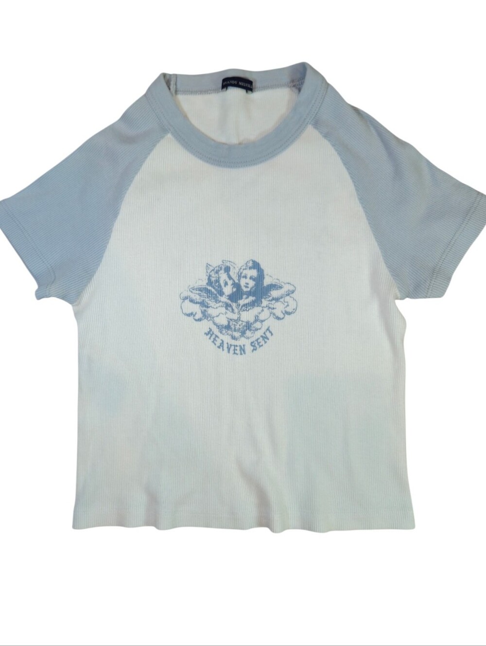 Brandy Melville Heaven Sent Angel Baby Tee Blue White Ribbed Raglan One Size - Picture 2 of 5